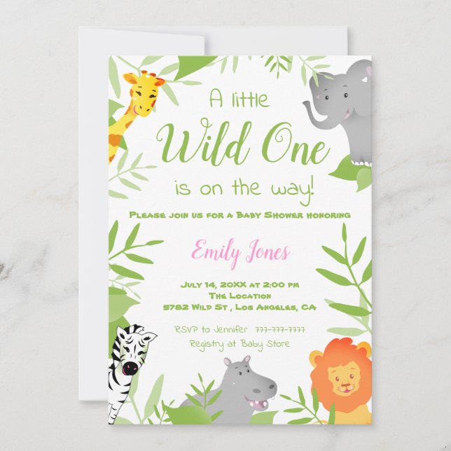 Wild One Safari Animals Baby Shower Girl Einladung (Vorderseite)
