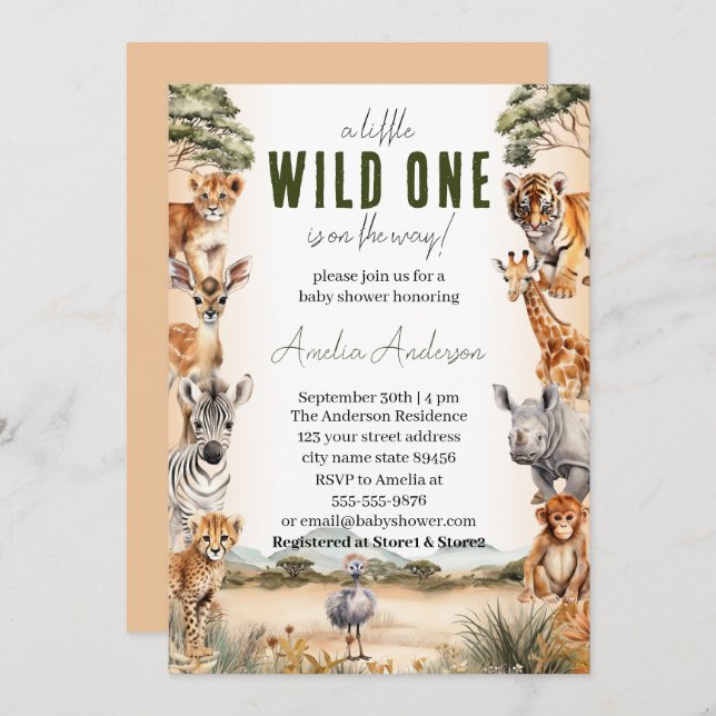 Wild One Safari Animals Boy Baby Shower Einladung (Vorne/Hinten)