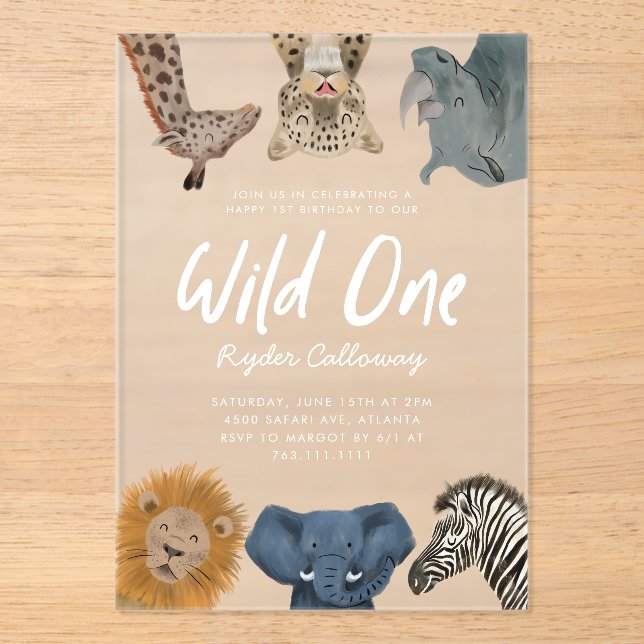 Wild One Safari Animals Boy Birthday Party Acryleinladungen (Vorderseite)