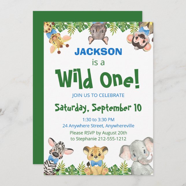 Wild One Safari Animals Boy First Birthday Invita Einladung (Vorne/Hinten)