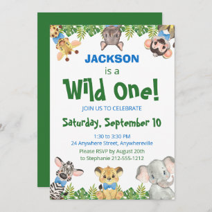 Wild One Safari Animals Boy First Birthday Invita Einladung