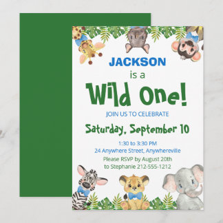 Wild One Safari Animals Boy First Birthday Invita Einladung