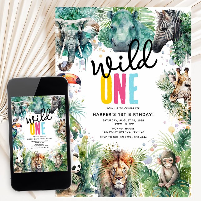 Wild ONE' Safari Animals Cool 1st Birthday Einladung (Von Creator hochgeladen)