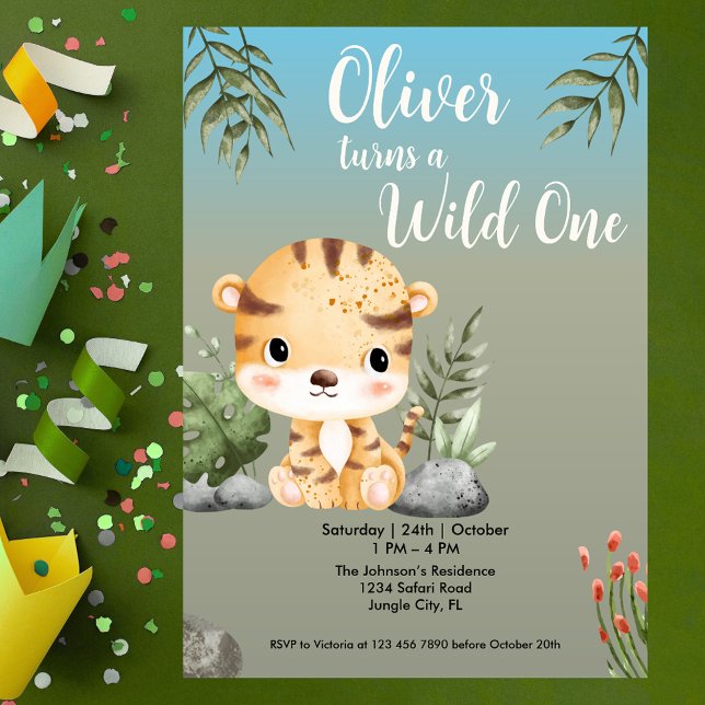 Wild One Safari Animals Cute Tiger 1st Birthday Einladung (Von Creator hochgeladen)