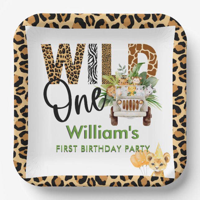 Wild One Safari Animals First Birthday Boy  Pappteller (Vorderseite)