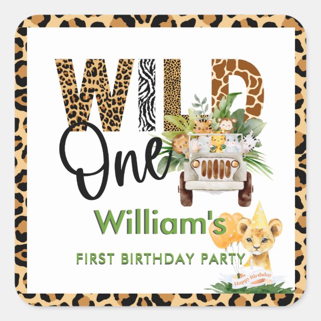 Wild One Safari Animals First Birthday Boy  Quadratischer Aufkleber (Vorderseite)