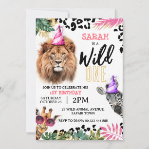 Wild One Safari Animals Girl 1. Geburtstag Party Einladung