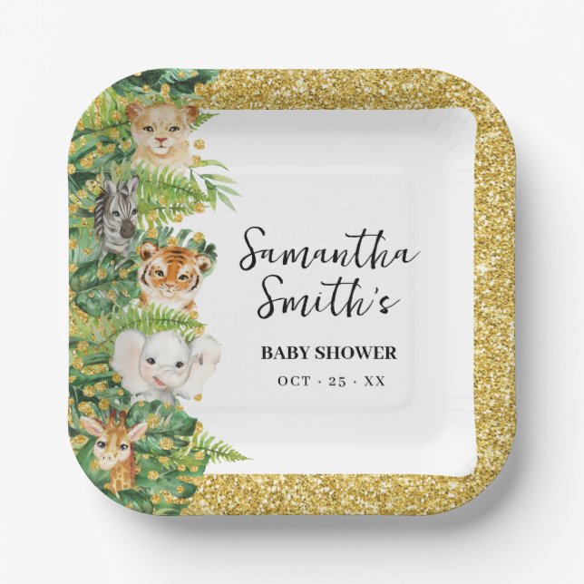 Wild One Safari Animals Gold Glitzer Baby Shower P Pappteller (Vorderseite)