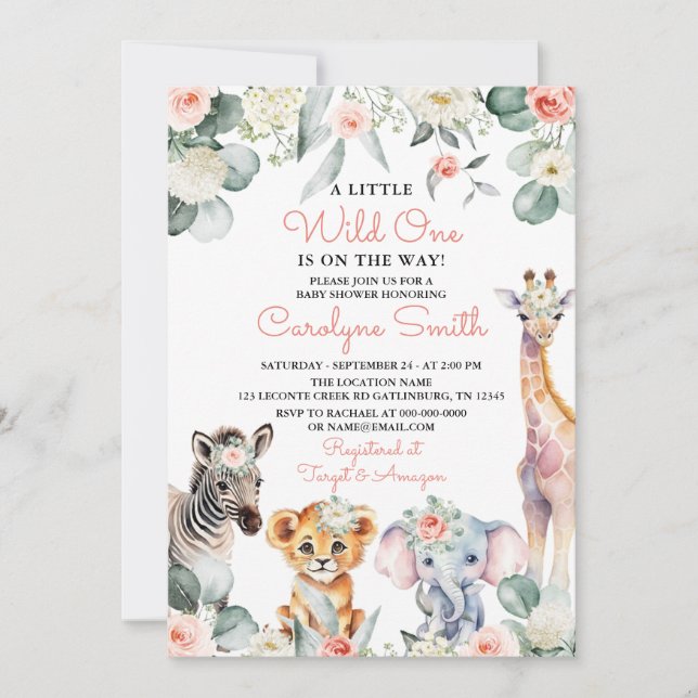 Wild One Safari Animals Greenerity Baby Shower Gir Einladung (Vorderseite)