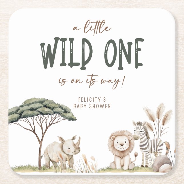 Wild One Safari Animals Neutral Baby Shower Rechteckiger Pappuntersetzer (Vorderseite)
