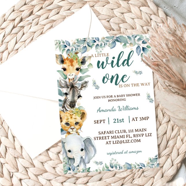 Wild One Safari Animals Sage Green Baby Shower Einladung (Von Creator hochgeladen)