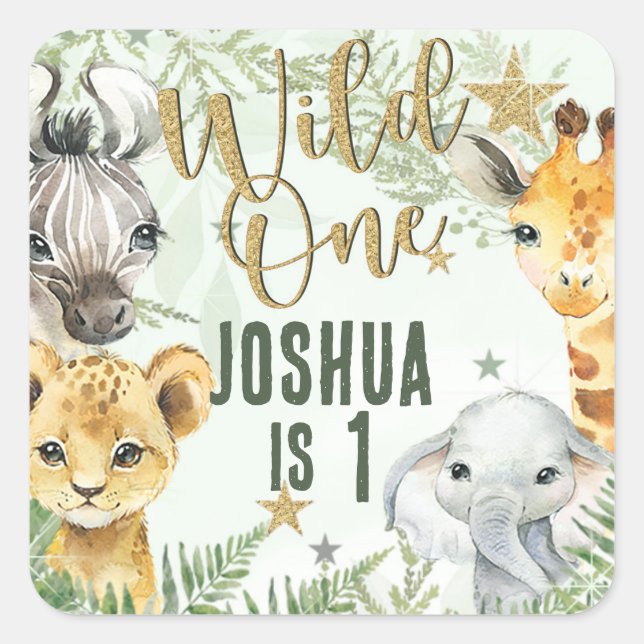 Wild One Safari Animals Square Stickers (Vorderseite)