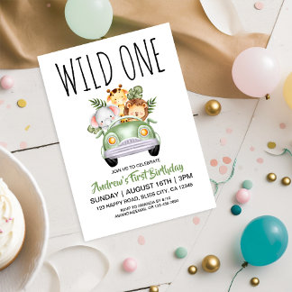 Wild One Safari Auto 1. Geburtstag Einladung