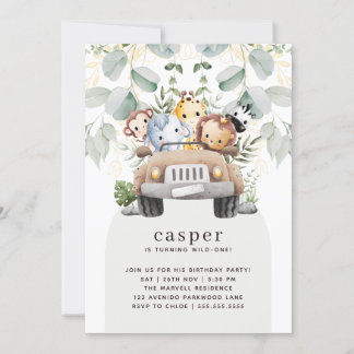 Wild One Safari Baby Animals 1. Geburtstag Party Einladung