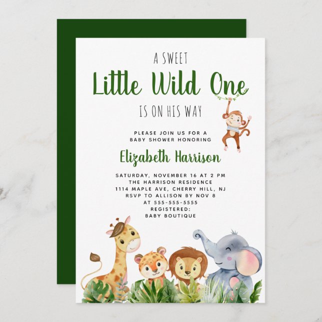 Wild One Safari Baby Boy Dusche Einladung (Vorne/Hinten)