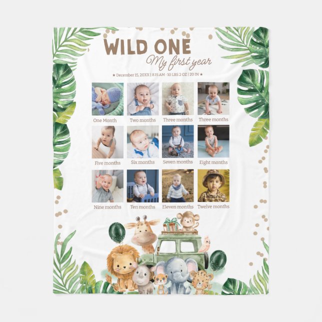 Wild One Safari Birthday 12 Month Photo Collage  Fleecedecke (Vorderseite)