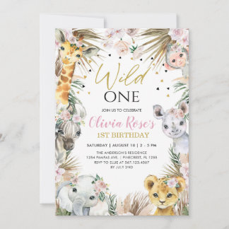 WILD ONE Safari Boho Pampas Animals 1. Geburtstag Einladung