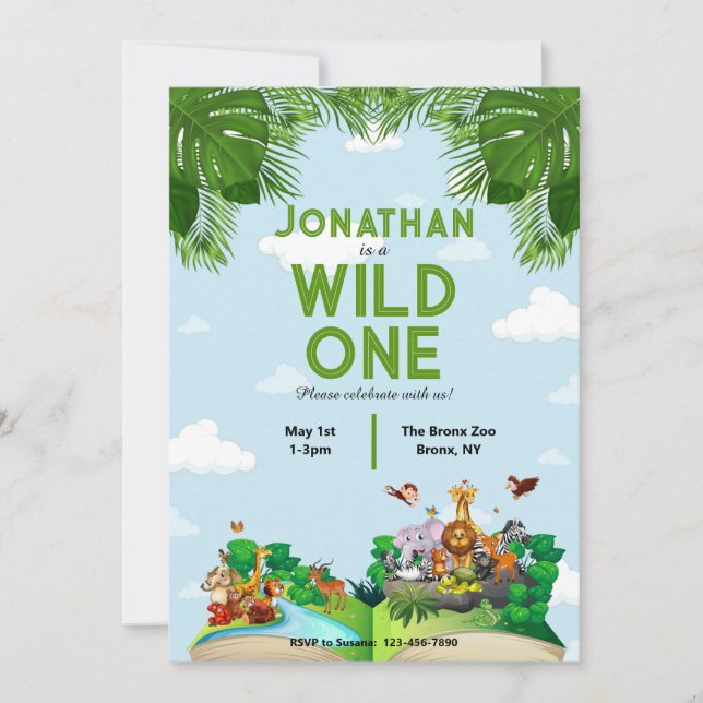 Wild One Safari Dschungel 1. Geburtstag Einladung (Vorderseite)