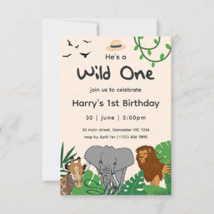 Wild One Safari Dschungeltiere 1. Babys Geburtstag Einladung