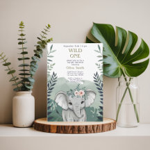 Wild One Safari Elephant Baby Shower Einladung