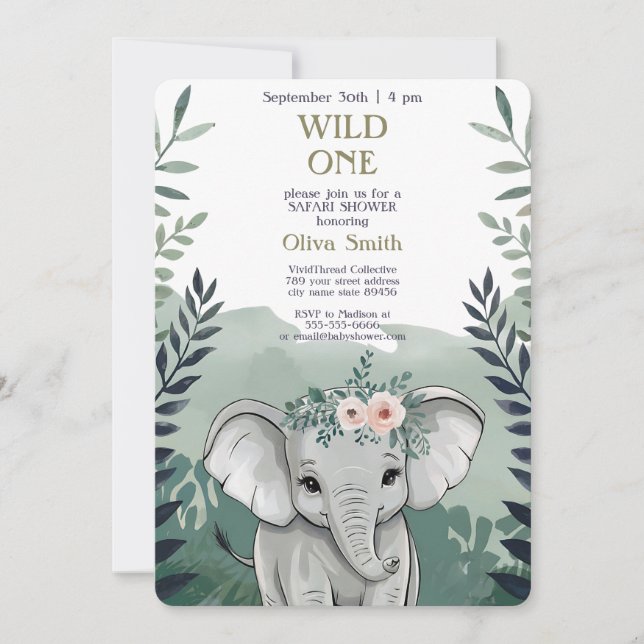 Wild One Safari Elephant Baby Shower Einladung (Vorderseite)
