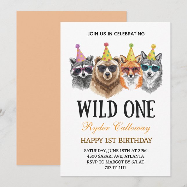 Wild One Safari First Birthday – Jungle Animal  Einladung (Vorne/Hinten)