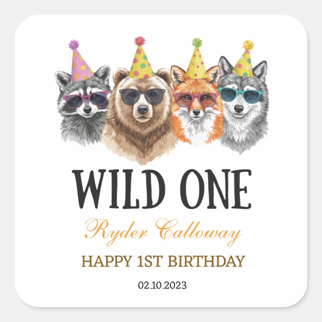 Wild One Safari First Birthday – Jungle Animal  Quadratischer Aufkleber (Vorderseite)