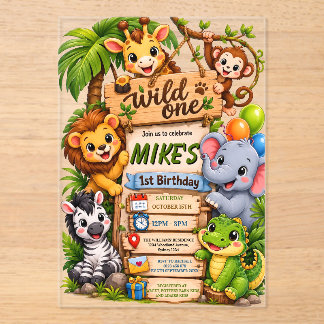 Wild One Safari Geburtstagseinladung | Süße Dschun Acryleinladungen