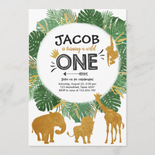 Wild One Safari Gold Boy Animals Geburtstagsparty Einladung