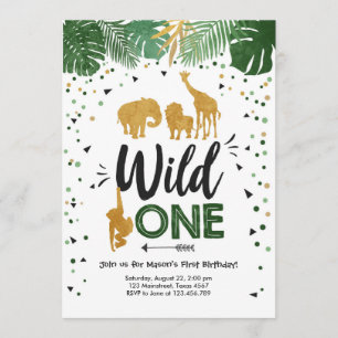 Wild One Safari Gold Boy Animals Geburtstagsparty Einladung