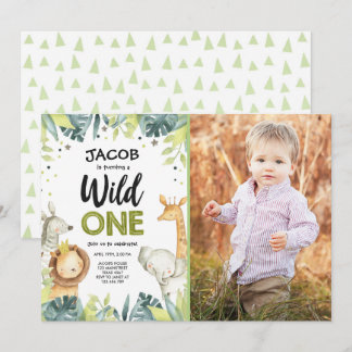 Wild One Safari Gold Boy Green Animals Geburtstag Einladung