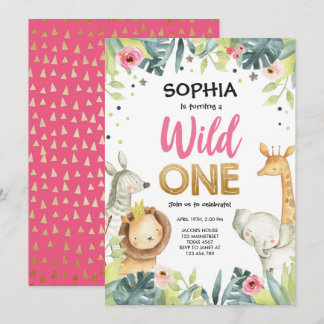 Wild One Safari Gold Girl Pink Animals Geburtstag Einladung