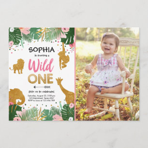 Wild One Safari Gold Girl Pink Animals Geburtstag Einladung