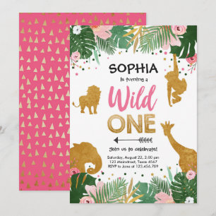 Wild One Safari Gold Girl Pink Animals Geburtstag Einladung