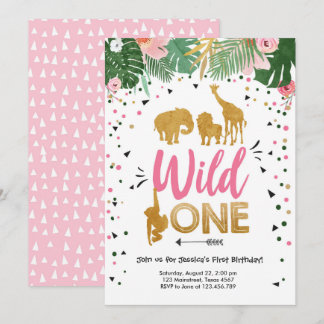 Wild One Safari Gold Girl Pink Animals Geburtstag Einladung