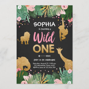 Wild One Safari Gold Girl Rosa Tiere Geburtstag Einladung