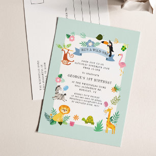 Wild One Safari Jungle Animals 1. Geburtstag Einladungspostkarte