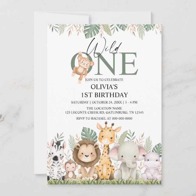 Wild One Safari Jungle Animals 1st Birthday Einladung (Vorderseite)