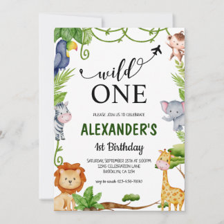 Wild One Safari Jungle Animals Watercolor Geburtst Einladung