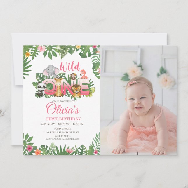 Wild One Safari Jungle First Birthday Baby Girl Einladung (Vorderseite)