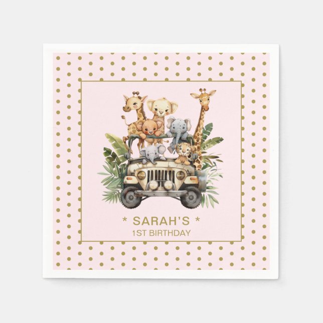 Wild One Safari Jungle Pink 1. Geburtstag Serviette (Vorderseite)