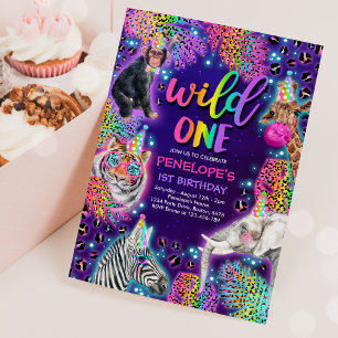 Wild One Safari Neon Rainbow Cheetah Birthday Einladung