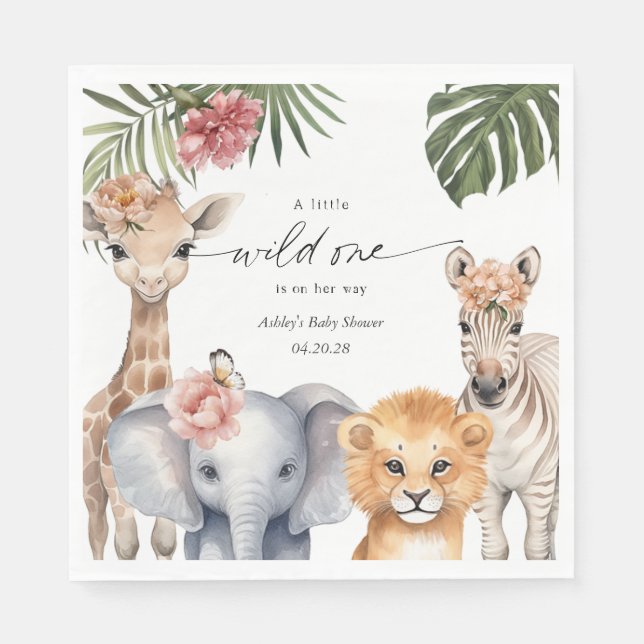 Wild One Safari Niedlicher Tiere Baby Girl Shower  Serviette (Vorderseite)