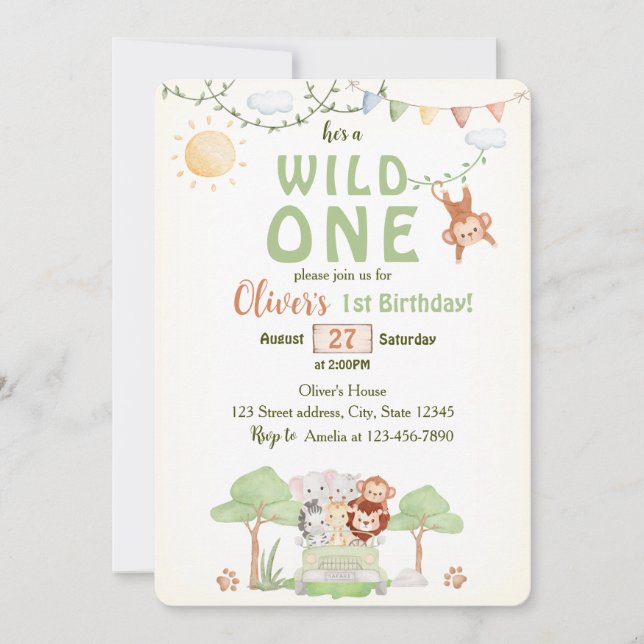 Wild One Safari Photo First Birthday Invitation Einladung (Vorderseite)