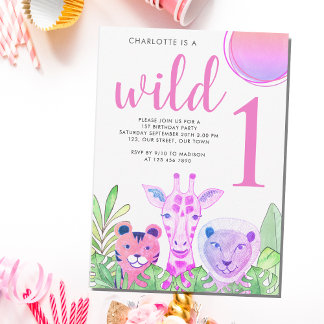 Wild One Safari Pink 1. Geburtstag Einladung