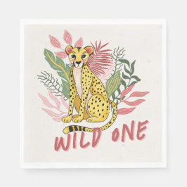 Wild One Safari Pink Cheetah Kids Birthday Party Serviette