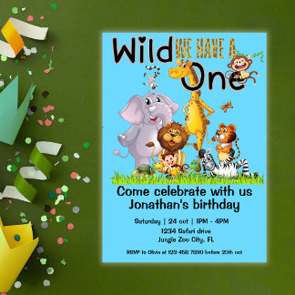 Wild One Safari-Tiere 1. Geburtstag Cartoon Einladung