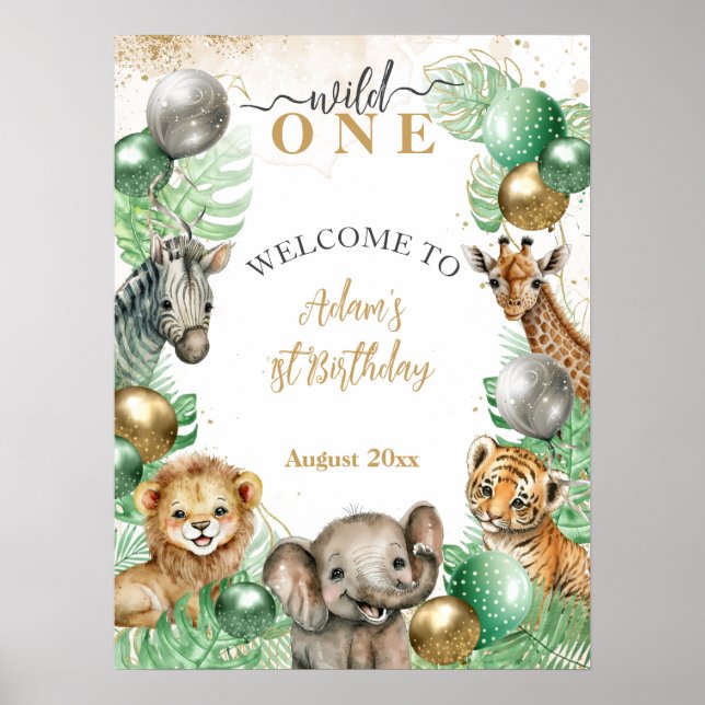 Wild One Safari tiere Balloon Baby 1. Geburtstag Poster (Vorne)
