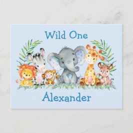 Wild One Safari Tiere Geburtstag Einladung Blue Postkarte
