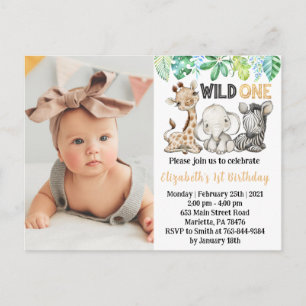 Wild One Safari-Tiere Geburtstags-Foto-Einladung Postkarte